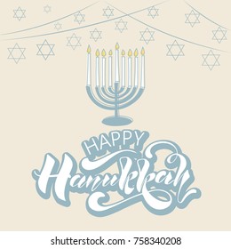 Jewish holiday Hanukkah Menorah. Illustration of elements for Hanukkah. Hand lettering illustration of Happy Hanukkah, Jewish holiday background.