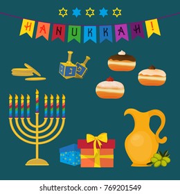 Jewish holiday of Hanukkah, Hanukkah menorah, sufganiyot doughnuts, dreidel spinning top, traditional holiday symbols set