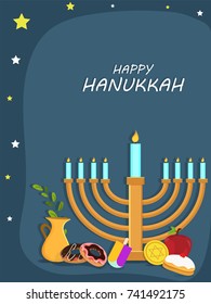 Jewish holiday Hanukkah with menorah (traditional Candelabra), donut and wooden dreidel (spinning top), and fruits.