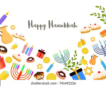 Jewish holiday Hanukkah with menorah (traditional Candelabra), donut and wooden dreidel (spinning top) and other elements.