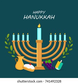 Jewish holiday Hanukkah with menorah (traditional Candelabra), donut and wooden dreidel (spinning top), grapes. 