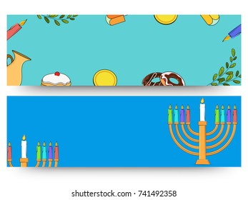 Jewish holiday Hanukkah with menorah (traditional Candelabra), donut and wooden dreidel (spinning top). Web Header or Banner.