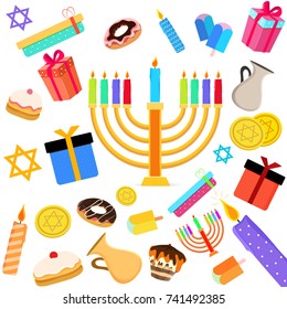 Jewish holiday Hanukkah with menorah (traditional Candelabra), donut and wooden dreidel (spinning top) and other elements.