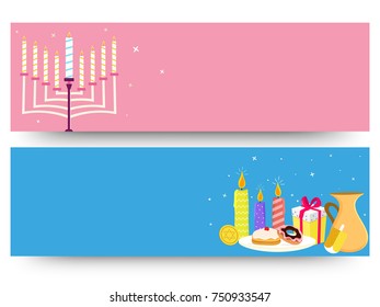 Jewish holiday Hanukkah with menorah (traditional Candelabra), donut and wooden dreidel (spinning top). Web Header or Banner.