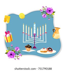 Jewish holiday Hanukkah with menorah (traditional Candelabra), donut and wooden dreidel (spinning top), gift box with beautiful florals.
