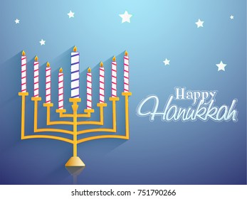 Jewish holiday Hanukkah with menorah (traditional Candelabra) on blue.