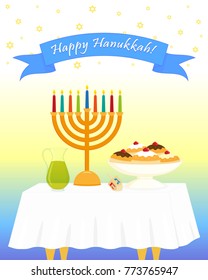 Jewish holiday of Hanukkah, hanukkah menorah - traditional candelabrum for nine candles, sufganiyot doughnuts, olive oil jug and greeting inscription