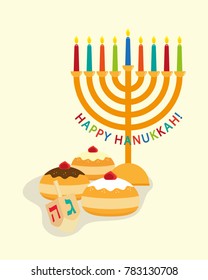Jewish holiday of Hanukkah, hanukkah menorah - traditional candelabrum with nine candles, sufganiyot doughnuts, dreidel spinning top and greeting inscription - Happy Hanukkah