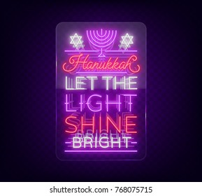 Jewish holiday Hanukkah is a neon sign, a greeting card, a traditional Chanukah template. Happy Hanukkah. Neon banner, bright luminous sign. Vector illustration. Neon sign on transparent glass.