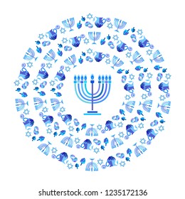 Jewish holiday Hanukkah poster traditional Chanukah symbols - wooden dreidels (spinning top), Hebrew letters donuts, menorah candles, blue star David Israeli flag, glowing lights pattern Vector layout