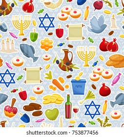 Jewish Holiday Hanukkah seamless background. Traditional symbols of holiday light and candles pattern on blue Jewish star template . Cartoon style vector illustration