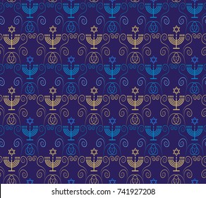 Jewish holiday Hanukkah seamless ornamental pattern with traditional Chanukah symbols - wooden dreidels (spinning top) menorah candles, star of David glowing lights festive decoration Vector template