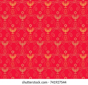 Jewish holiday Hanukkah seamless ornamental pattern with traditional Chanukah symbols - wooden dreidels (spinning top) menorah candles, star of David glowing lights festive decoration Vector template