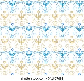 Jewish holiday Hanukkah seamless ornamental pattern with traditional Chanukah symbols - wooden dreidels (spinning top) menorah candles, star of David, glowing lights festive decoration Vector template