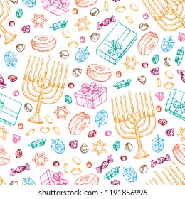 Jewish holiday Hanukkah seamless pattern. Set of traditional Chanukah symbols isolated on white - dreidels, sweets, donuts, menorah candles, star David glowing lights. Doodle Vector template..