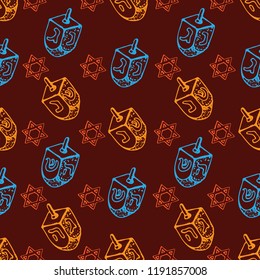 Jewish holiday Hanukkah seamless pattern. Set of traditional Chanukah symbols - dreidels, star David glowing lights. Doodle Vector template..