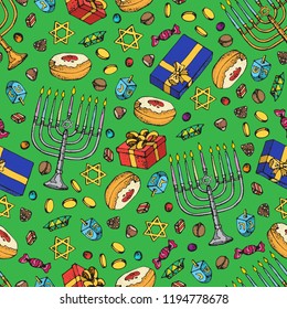 Jewish holiday Hanukkah seamless pattern. Set of traditional Chanukah symbols isolated on white - dreidels, sweets, donuts, menorah candles, star David glowing lights. Doodle Vector template..