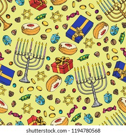 Jewish holiday Hanukkah seamless pattern. Set of traditional Chanukah symbols isolated on white - dreidels, sweets, donuts, menorah candles, star David glowing lights. Doodle Vector template.