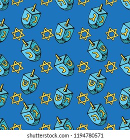 Jewish holiday Hanukkah seamless pattern. Set of traditional Chanukah symbols - dreidels, star David glowing lights. Doodle Vector template.