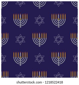 Jewish holiday Hanukkah seamless pattern with Hanukkah menorah, dreidels, star of David and donuts.Vector background for wallpaper, greeting card  and graphic design. Hebrew text - Happy Hanukkah