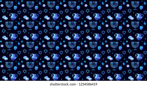 Jewish holiday Hanukkah seamless pattern traditional Chanukah symbols wooden dreidel spinning top, Hebrew letters, donut, menorah candle Isreal flag blue star David glowing lights sign Vector template