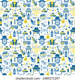 Jewish holiday Hanukkah seamless pattern with Chanukah symbols -dreidels spinning top, donuts, menorah candles, oil jar, star David illustration.