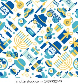 Jewish holiday Hanukkah seamless pattern with Chanukah symbols -dreidels spinning top, donuts, menorah candles, oil jar, star David illustration.