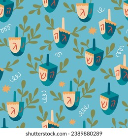 Jewish holiday Hanukkah seamless pattern background. Childish print for fabric, wrapping paper and wallpaper. Hebrew text "A great miracle happened here"