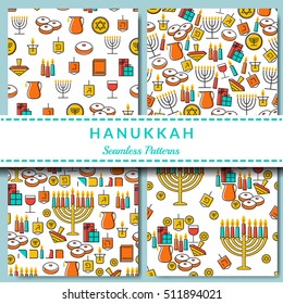 Jewish Holiday Hanukkah seamless pattern collection. Menorah (candlestick), candles, donuts (sufganiyan), gifts, dreidel, coins, oil.  Vector illustration