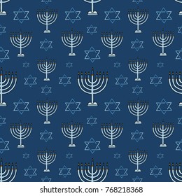 Jewish holiday Hanukkah seamless pattern with traditional Chanukah symbols on a dark blue background.