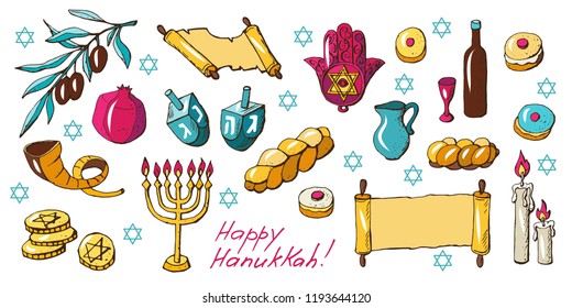 Jewish holiday Hanukkah set traditional Chanukah symbols - dreidels, Hebrew letters, donuts, menorah candles, oil jar, star David, challah, shofar, gelt, torah, hamsa, isolated on white vector