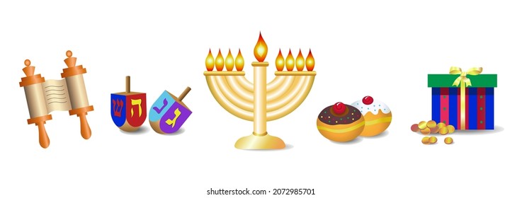 The Jewish holiday of Hanukkah , a set of traditional items. Menorah, Gift Box and Coins of Hanukkah, Doughnuts Sufganiyot, dreidels and letters of the Hebrew alphabet, Torah Scroll.