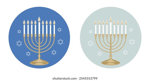 Jüdische Feiertags-Hanukka-Aufkleber mit traditioneller Menorah 9 Kerzen einzeln auf weißem Hintergrund. Flacher Stil. Vektorgrafik