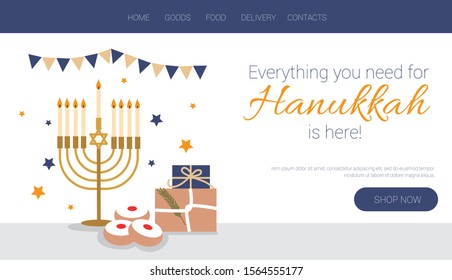 Jewish holiday Hanukkah template for website, landing page. Perfect for online shop.  Vector illustration