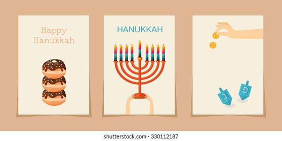 Jewish holiday hanukkah three cards .  ( Hebrew letters on a Hanukah dreidel, which stand for the phrase, A great miracle happened here)