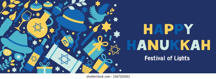 Jewish holiday Hanukkah web banner dark blue set and invitation traditional Chanukah symbols.