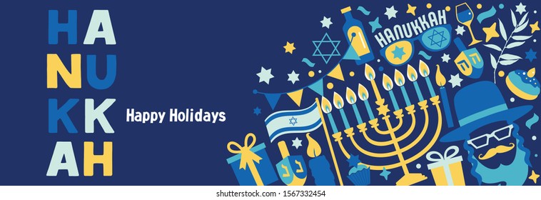 Jewish holiday Hanukkah web banner dark blue set and invitation traditional Chanukah symbols.