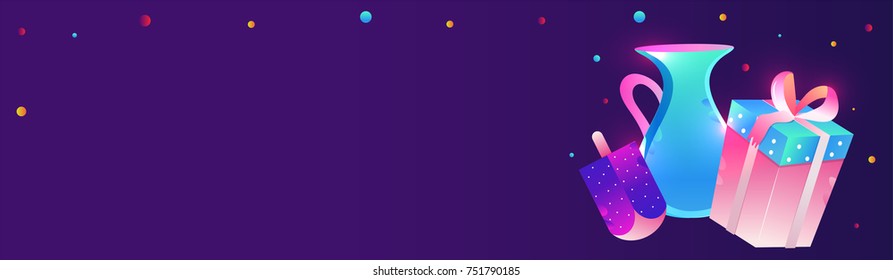 Jewish holiday Hanukkah with wooden dreidel (spinning top), gift box on shiny purple background.
