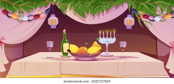 Jewish holiday happy Sukkot. Poster with Israeli traditional holiday hashanah. Festive banner with decorated interior, arava, estrog and table with fruits and wine. Cartoon flat vector illustration