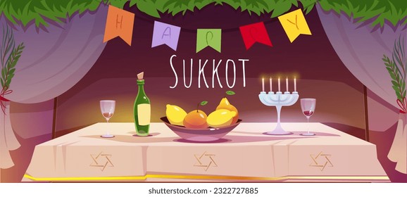 Jewish holiday happy Sukkot. Poster with festive traditional interior, table, wine and fruits. Banner with israeli hashanah celebration with arava and lulav. Cartoon flat vector illustration