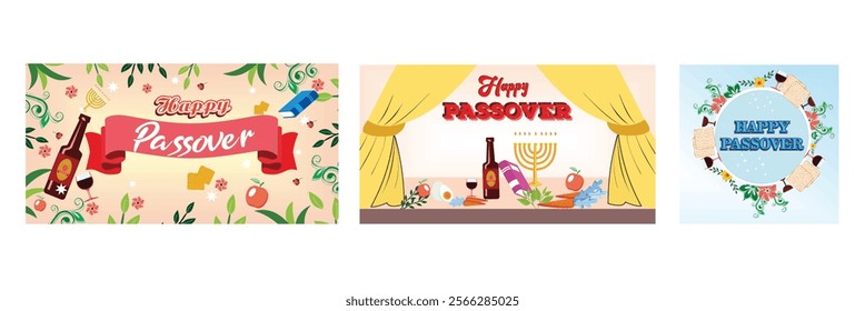 Jewish holiday horizontal invitation.  Traditional Items and Symbolism. Floral Passover Greeting Design with Matzah and Wine. Set flat vector modern illustration 