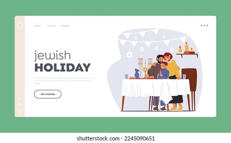 Jewish Holiday Landing Page Template. Father, Mother and Kid Celebrate Hanukkah Festival of Lights. Dad and Son Wear Kippah Lighting Candles on Traditional Menorah. Cartoon People Vector Illustration