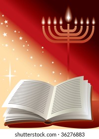 Jewish holiday: menorah, book and sunshine