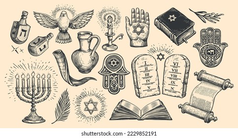  Jüdische Ferienobjektschilder Sammlung. Menorah, Torah Scroll, Dreidel, David Star, Hamsa Symbole. Vektorgrafik