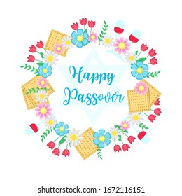 Jewish holiday Passover banner design with with floral decoration, matzo. vector illustration