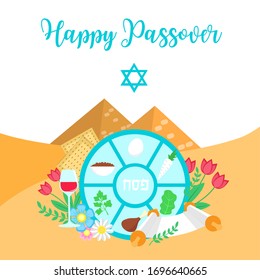 Jewish holiday Passover banner design with with floral decoration, matzo. vector illustration