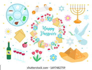 Jewish Holiday Passover Banner Design With Seder Plate, Floral Decoration, Matzo. Vector Illustration