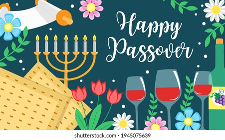 Jewish holiday Passover banner design with floral decoration, Happy Passover greeting card. Pesach celebration concept. vector illustration