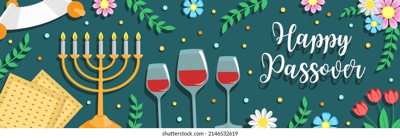 Jewish holiday Passover banner design with with floral decoration, matzo. vector illustration