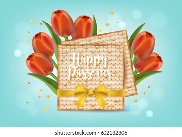 Jewish holiday Passover banner design with matzo and tulip flowers. Realistic vector illustration